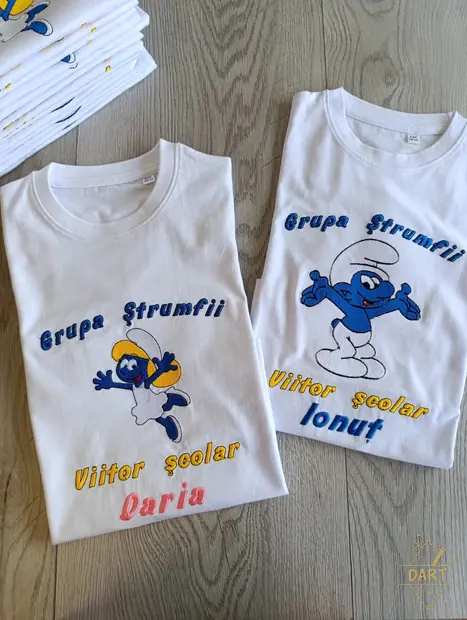 Tricouri de absolvire brodate Grupa Ștrumfii, cu numele fiecărui copil