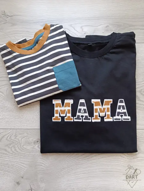 Tricou negru cu MAMA brodat în aplicație de material
