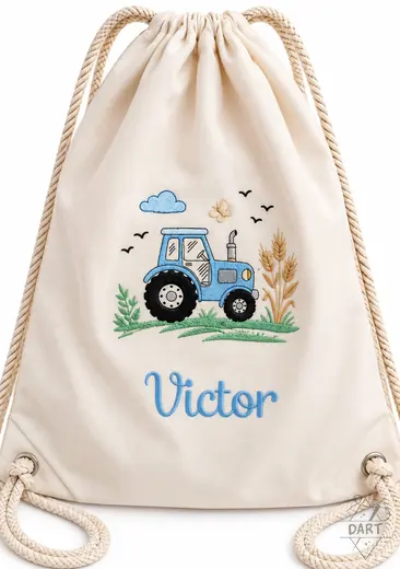Săculeț de grădiniță din bumbac, brodat cu model tractor și numele copilului
